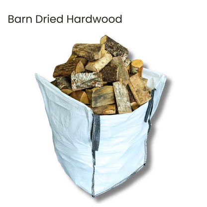 White bag filled with barn dried hardwood on a white background