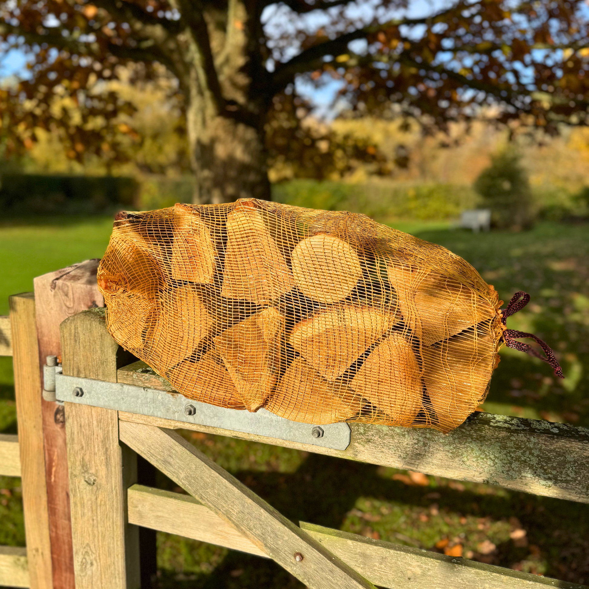 Netted kiln dried oak logs on a gate