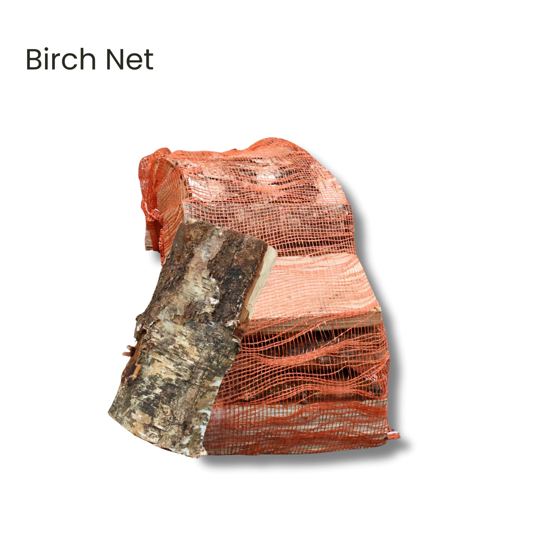 Birch log wrapped in a red mesh net on a white background
