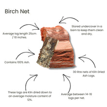 Birch net with information about kiln-dried logs on a white background