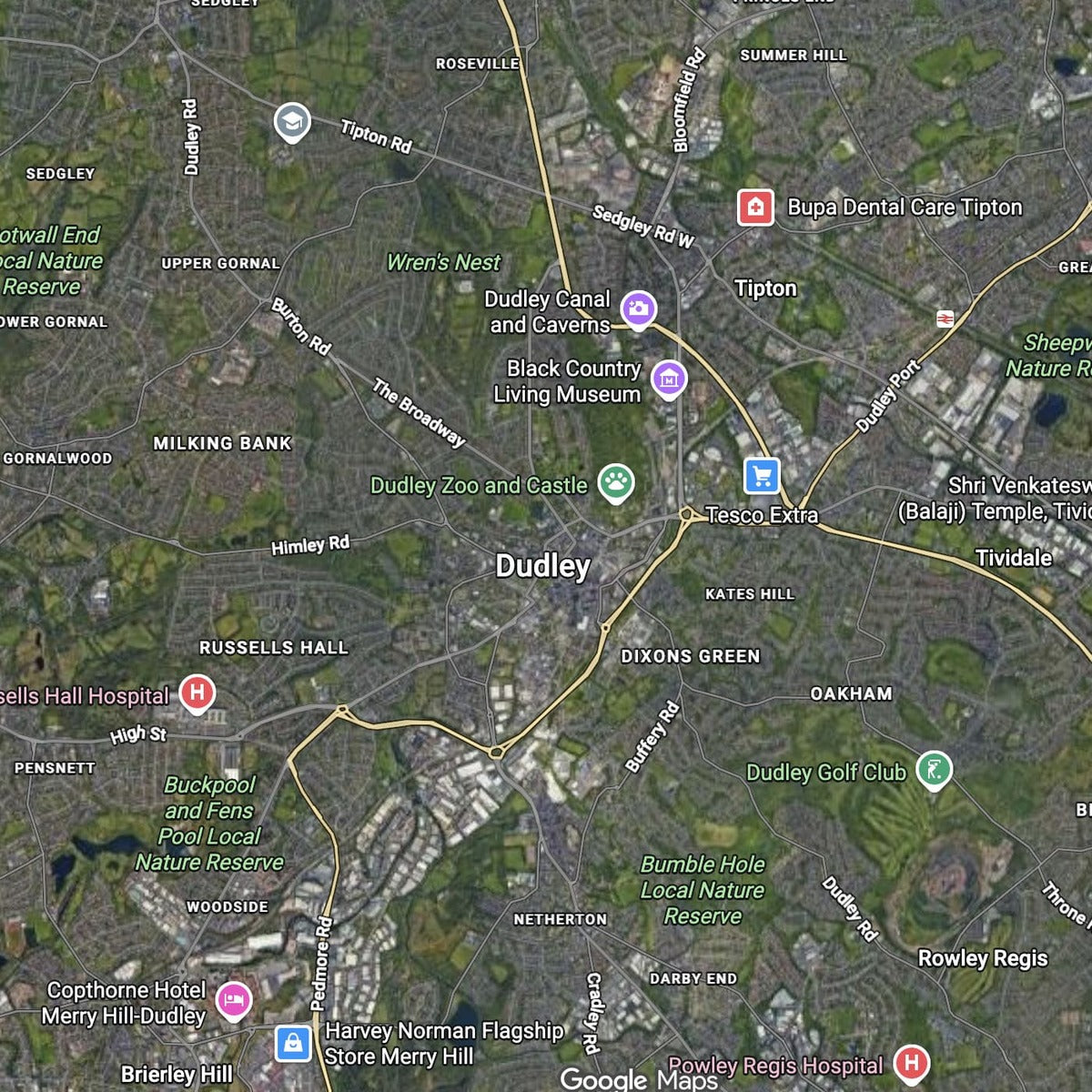 Google Maps satellite view of Dudley, showing streets, landmarks, and surrounding neighborhoods. Areas that Black Country Firewood delivers their logs for sale