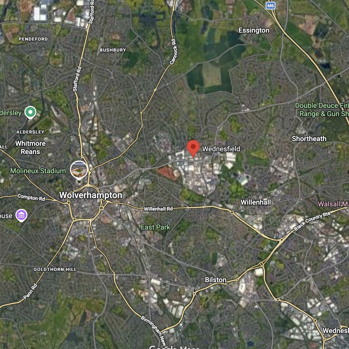 Map of wednesfield in Wolverhampton with various locations marked for areas black country firewood deliver logs