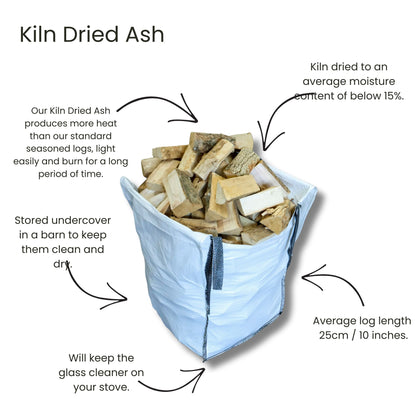 Bag of kiln dried ash with text explaining its properties