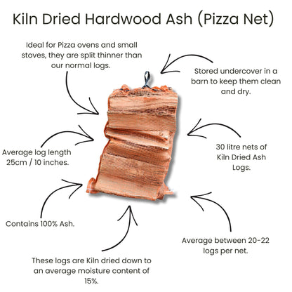 Kiln dried hardwood ash pizza net with specifications on a white background