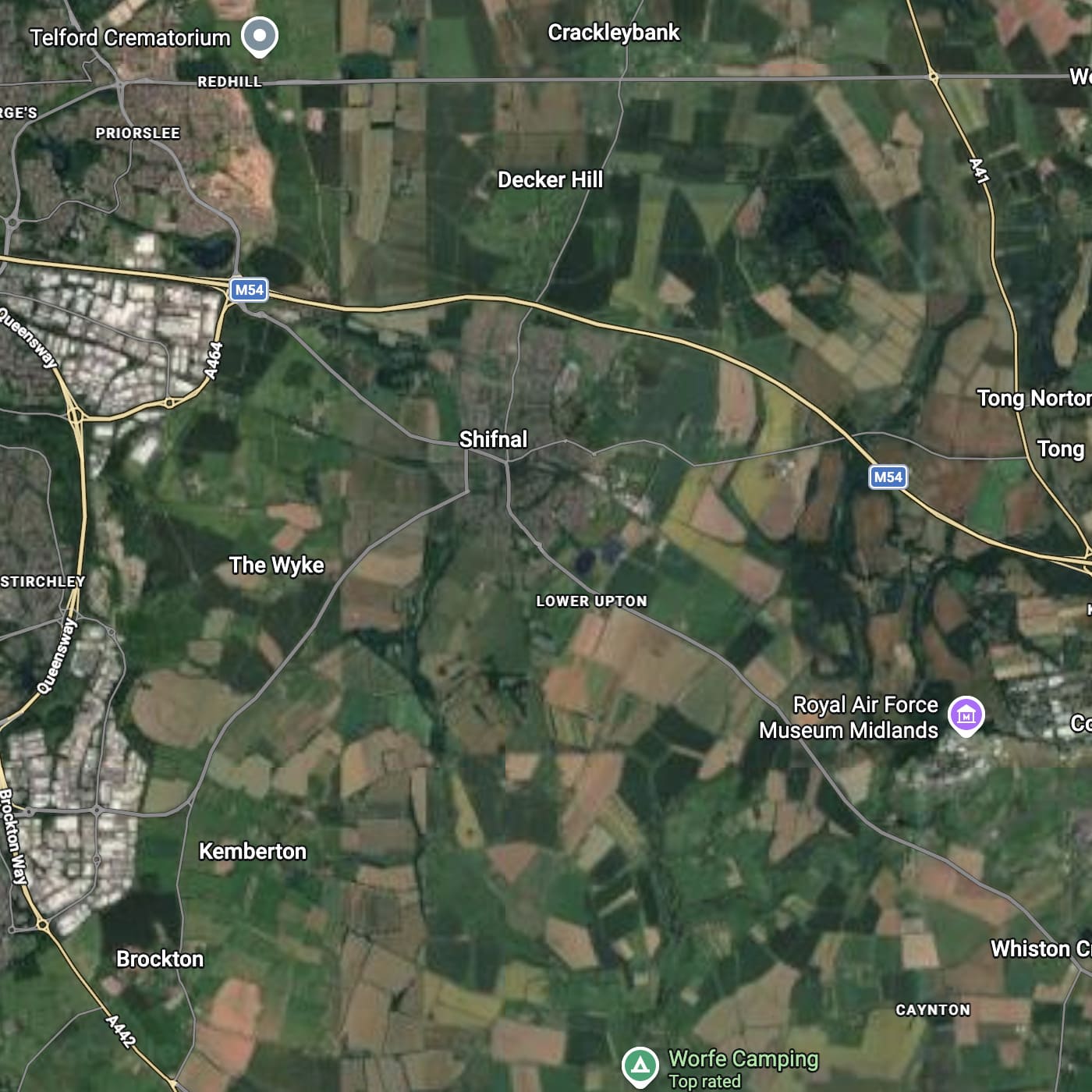 A satellite map view of Shifnal and surrounding areas including Decker Hill, Crackleybank, The Wyke, Kemerton, and Brockton, with roads, fields, and labeled landmarks. Areas black country firewood delivery logs for sale