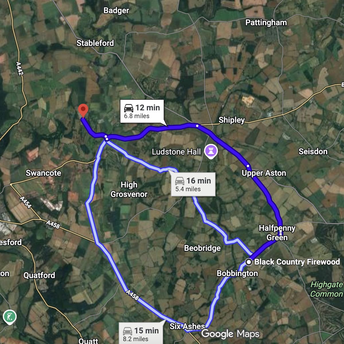 map showing time to be delivered of logs for sale to worfield, stableford, badger, ackleton, pattingham and surrounding areas
