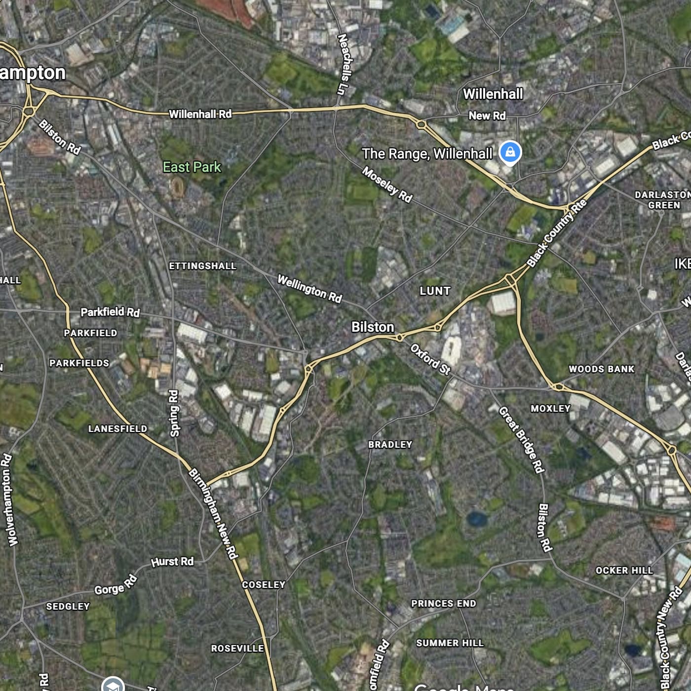 A satellite map view of Bilton and surrounding areas including Willenhall, The Range, East Park, and roads such as Wellington Rd and Oxford Rd. All the areas black country firewood sells logs