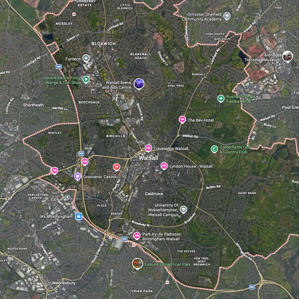 A satellite map view of Walsall, showing streets, roads, parks, and nearby landmarks with a blue pin marking the location. Black Country Firewood Delivery firwood that are kiln dried logs
