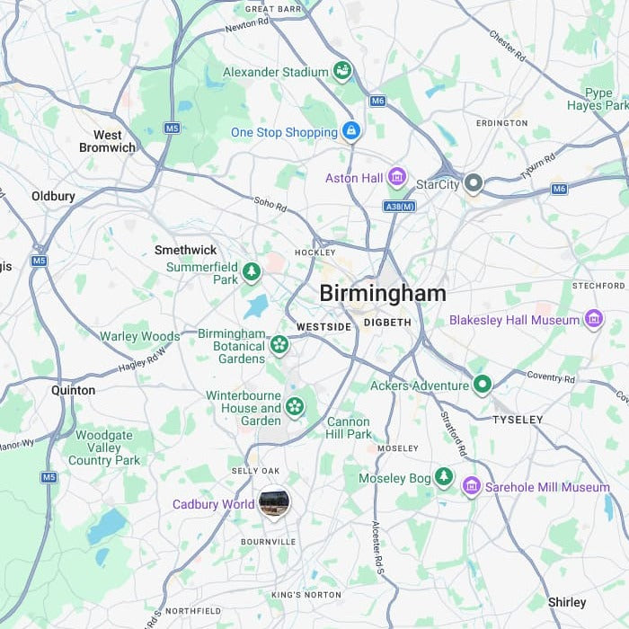A digital map of Birmingham, UK, showing roads, landmarks, and nearby attractions such as Aston Hall, Birmingham Botanical Gardens, and Sarehole Mill Museum. This is the area black country firewood delivery logs for sale delivering firewood the the local area