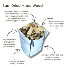 Bag of barn dried mixed wood with text describing the product