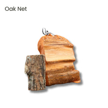 Wooden log with a mesh bag labeled 'Oak Net' on a white background