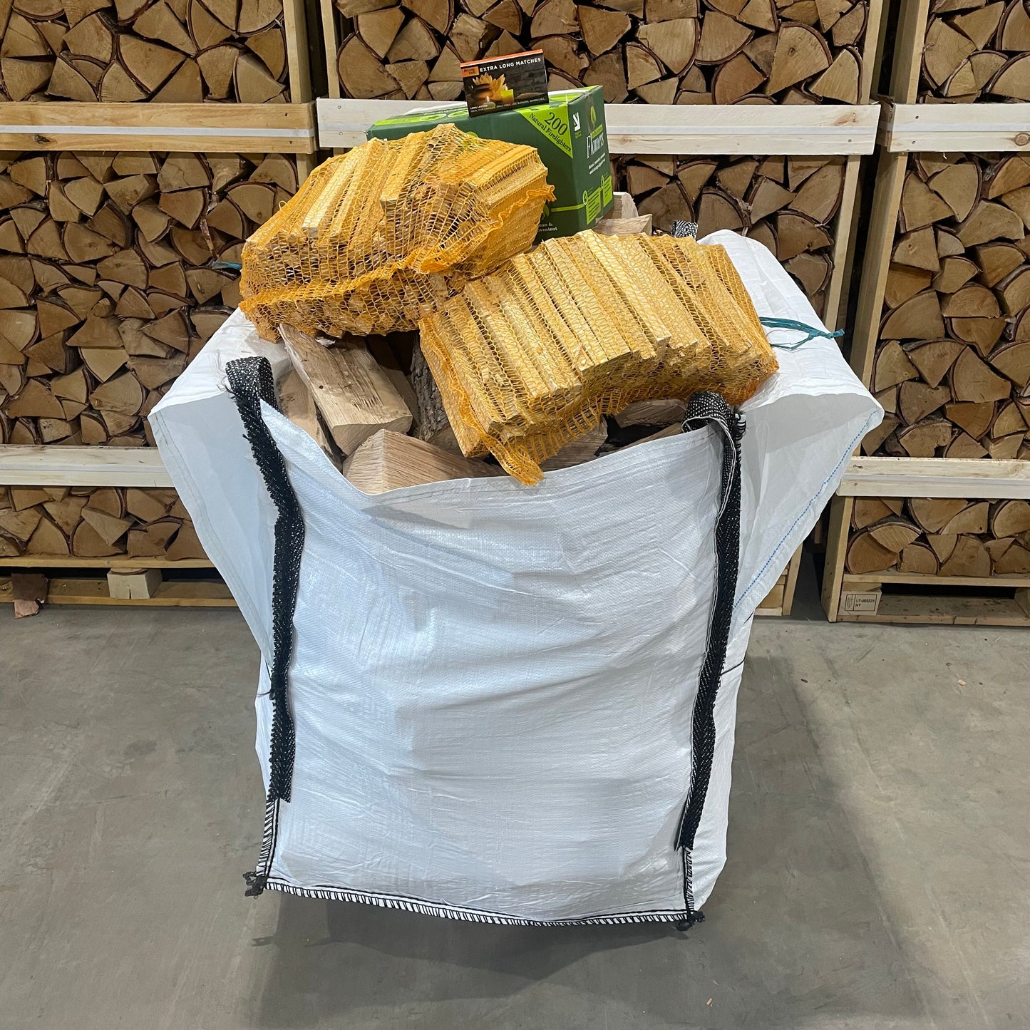 Bulk bag of logs, 200 box of Flamers Firelighters, kindling and matches