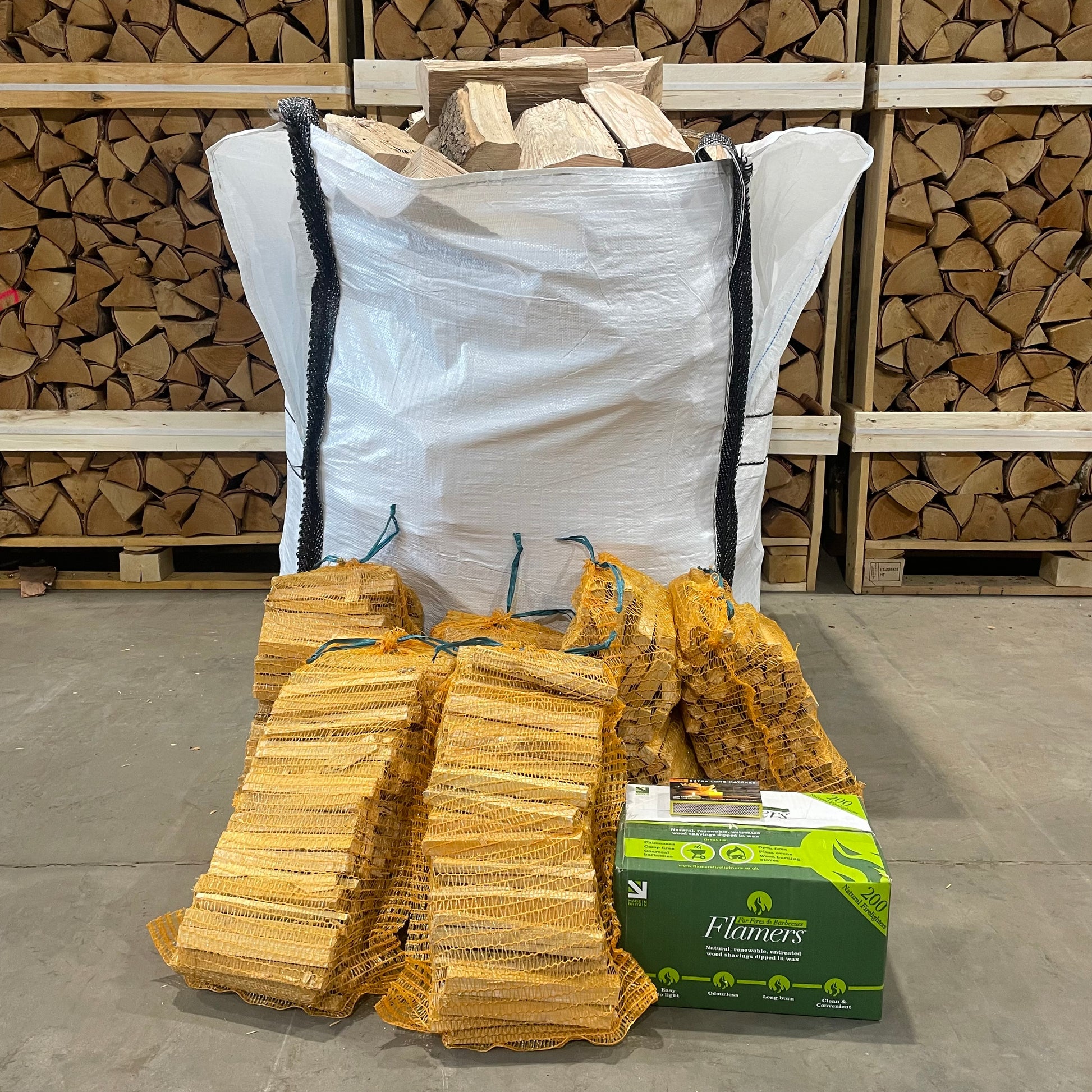 Bulk bag of logs, 200 box of Flamers Firelighters, kindling and matches