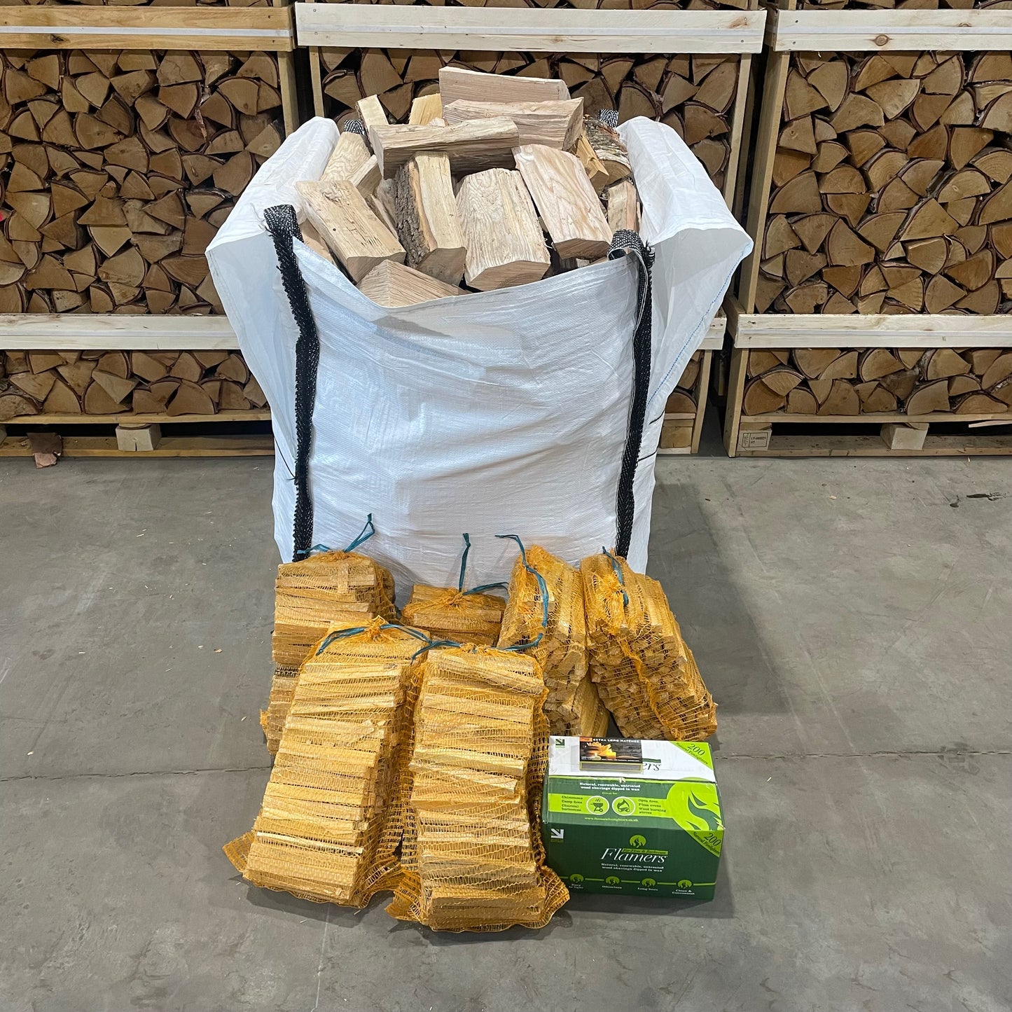Bulk bag of logs, 200 box of Flamers Firelighters, kindling and matches