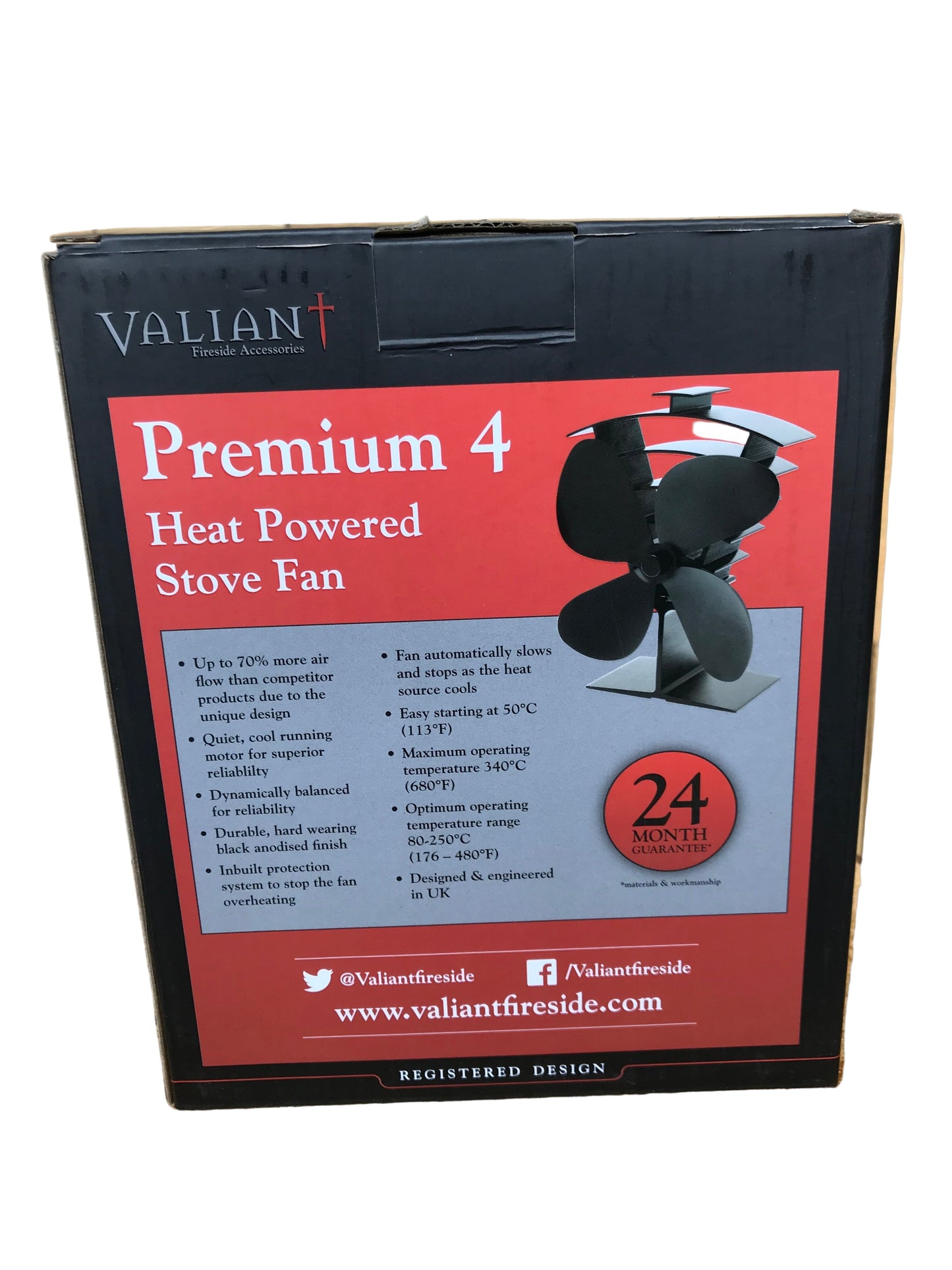 Valiant Premium 4 heat powered stove fan packaging