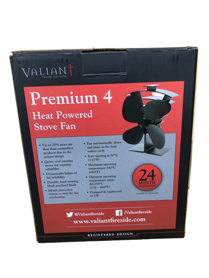 Valiant Premium 4 heat powered stove fan packaging