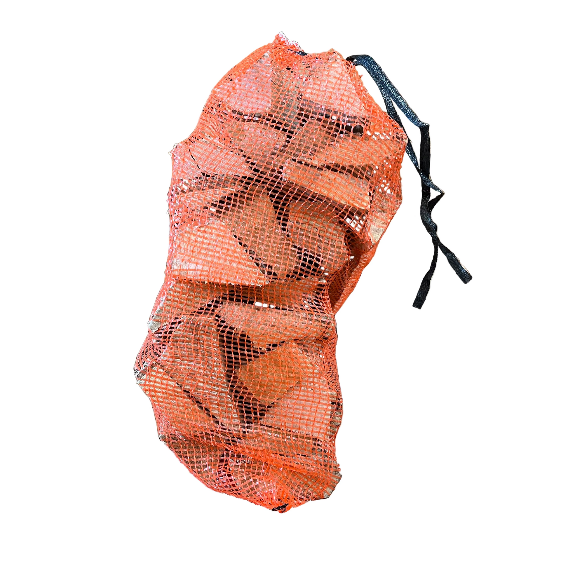 A bundle of netted kiln dried hardwood logs, primarily ash, displayed in front of a stacked wood background.